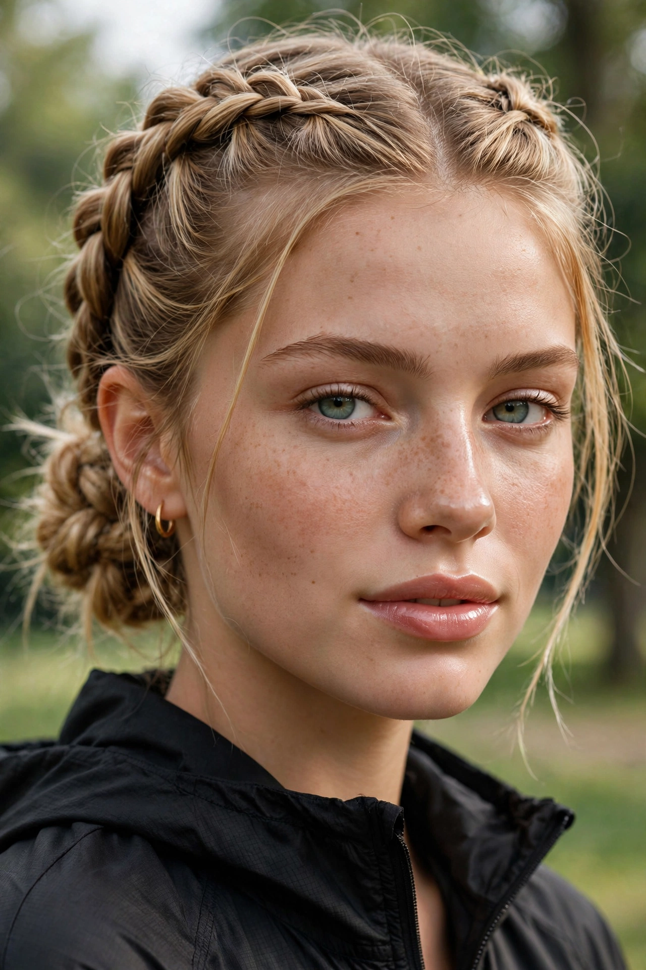 Double Dutch braid bun updo hairstyles with sporty woven texture