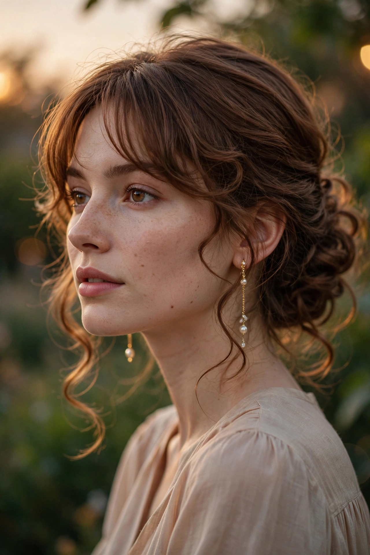 Side-swept romantic updo hairstyles with soft curtain bangs