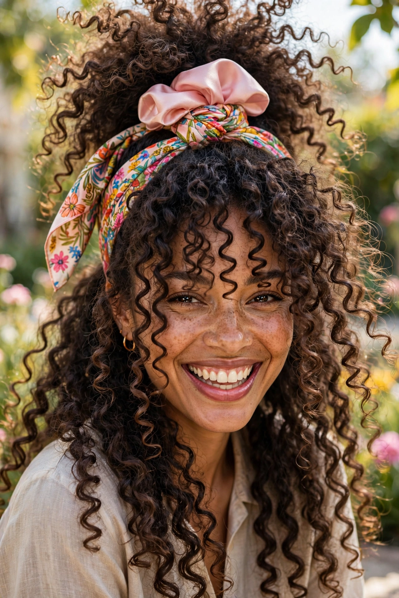 Curly pineapple updo hairstyles on natural voluminous curls