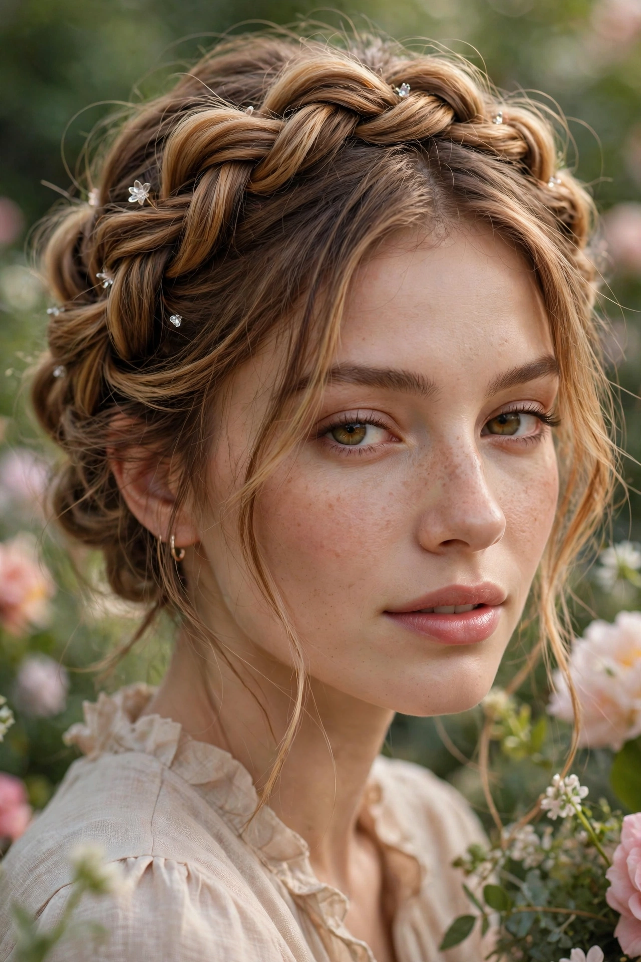 Soft twisted halo updo hairstyles with romantic crown texture