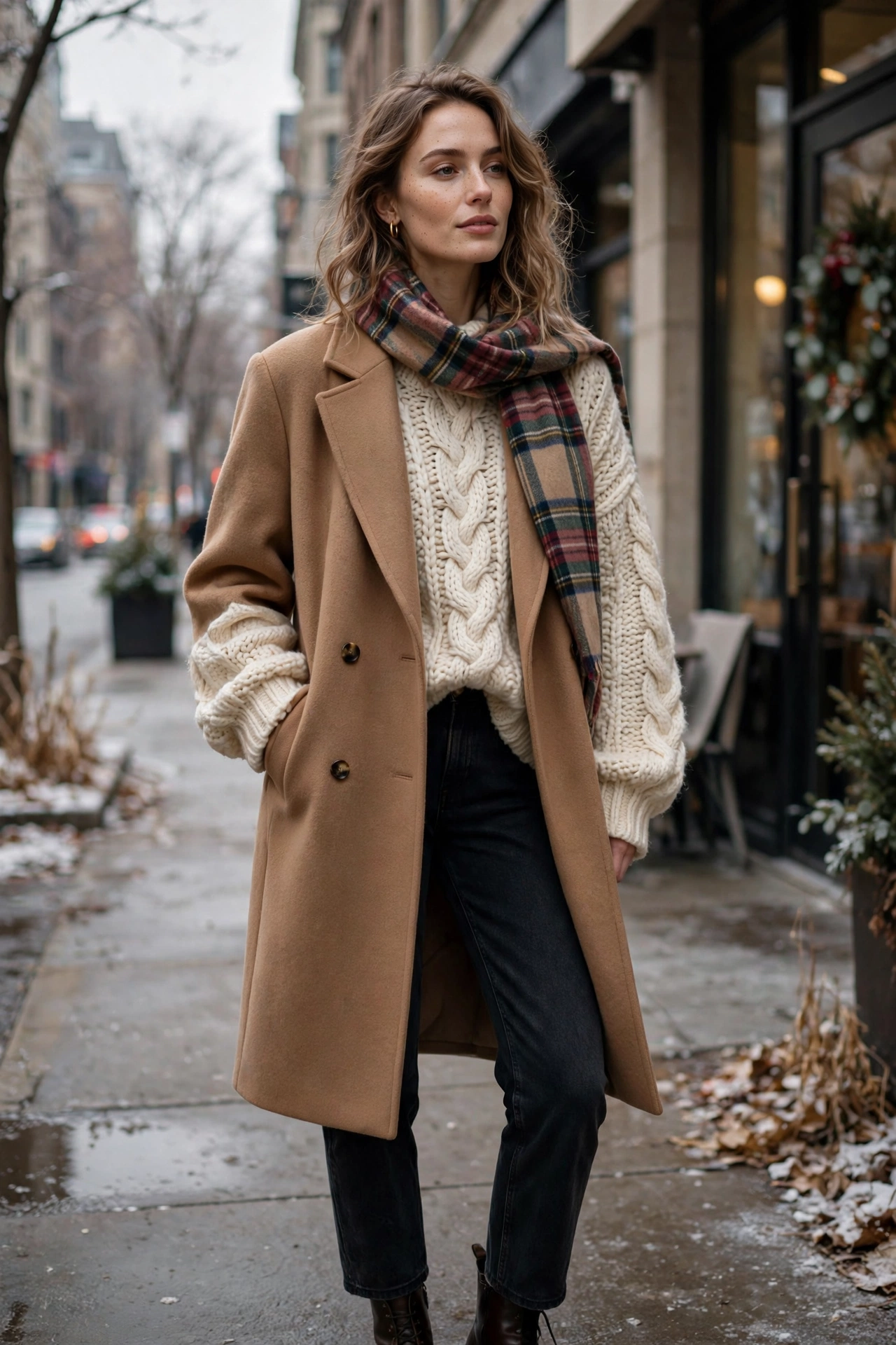 Cozy winter outfit with chunky knit sweater and camel wool coat