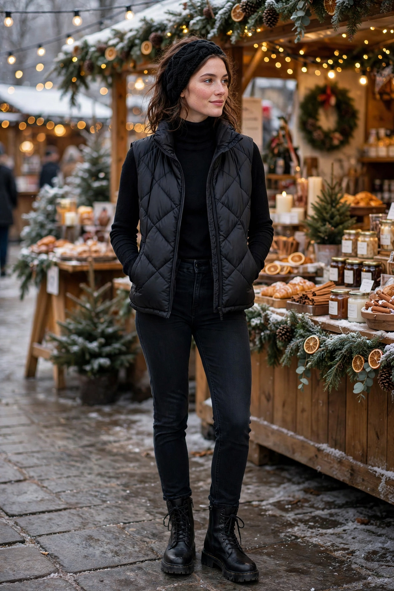 Winter outfit with black turtleneck and quilted puffer vest