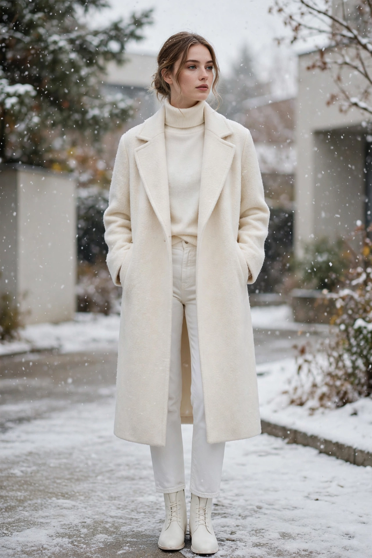 All-white winter outfit with cream coat and white jeans
