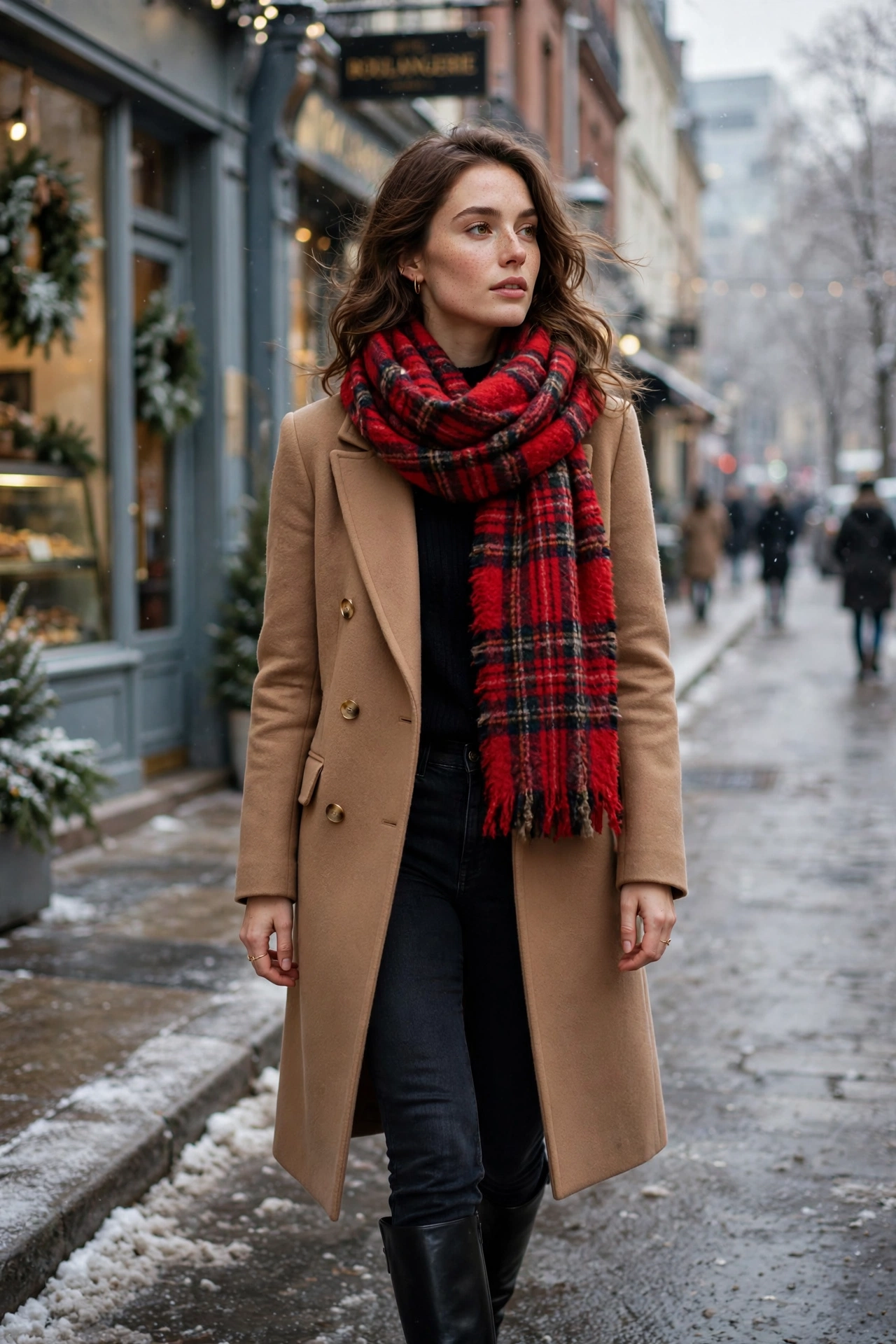 Camel coat winter outfit with oversized plaid scarf