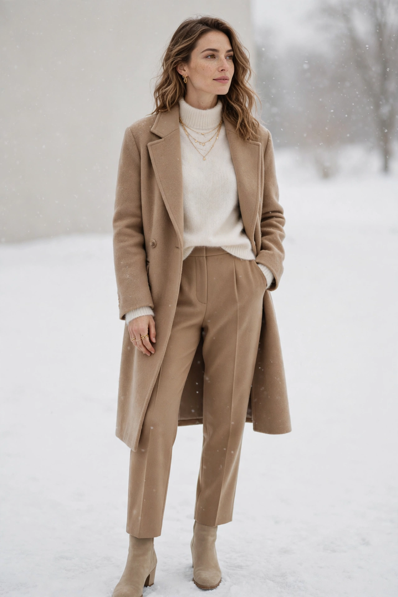 Tonal beige layered winter outfit with wool coat