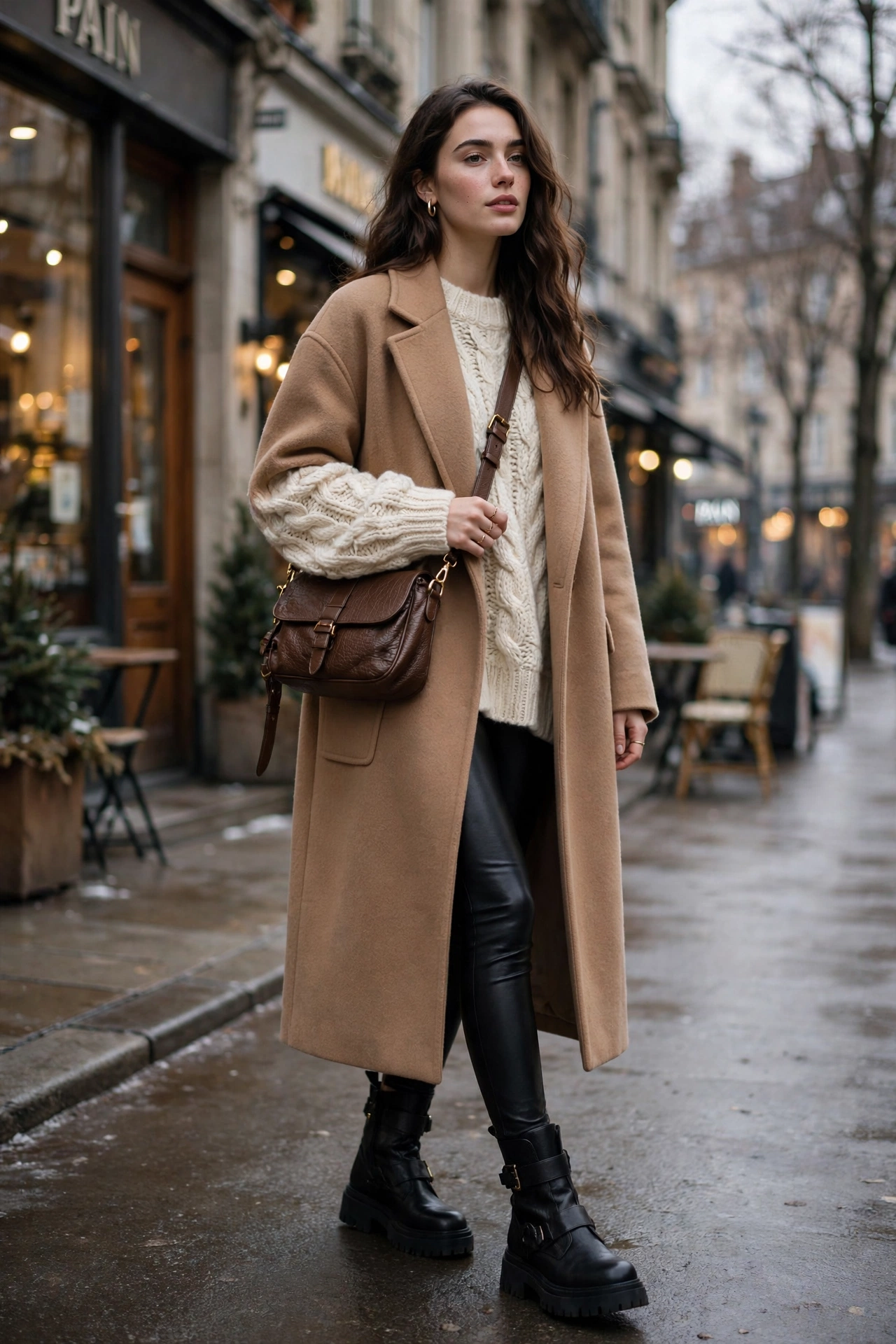 Winter outfit with leather leggings and oversized cream sweater