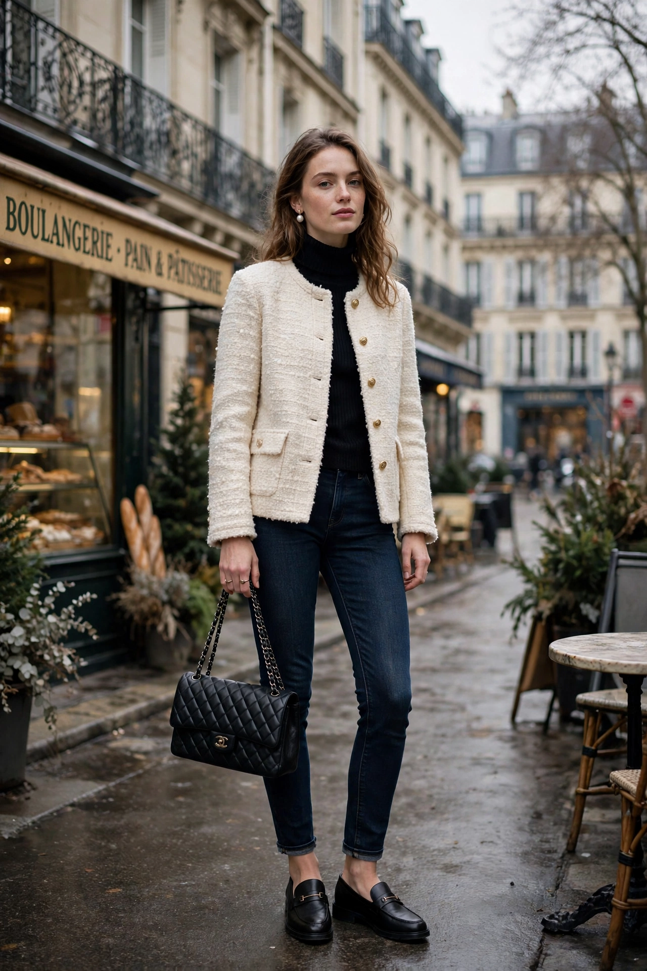 Winter tweed jacket outfit with turtleneck and jeans