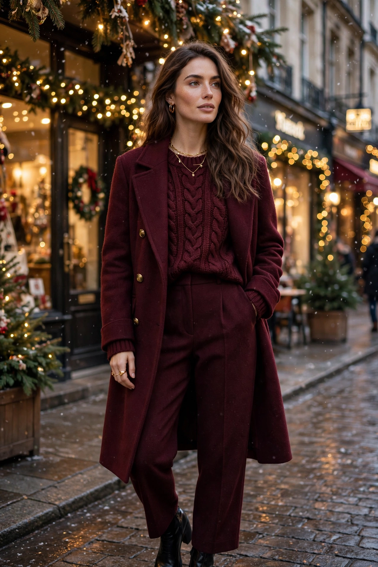 Burgundy monochrome winter outfit with wine coat