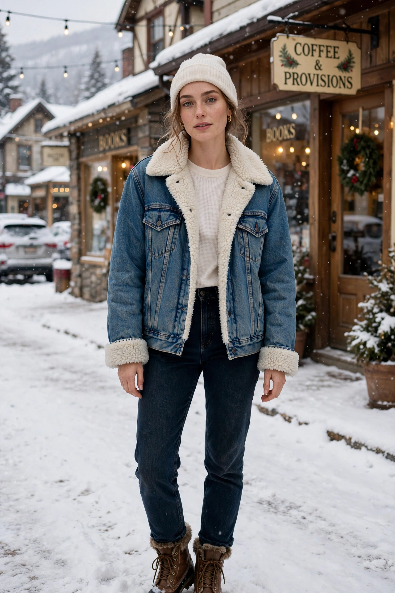 Winter denim outfit with shearling-lined jacket