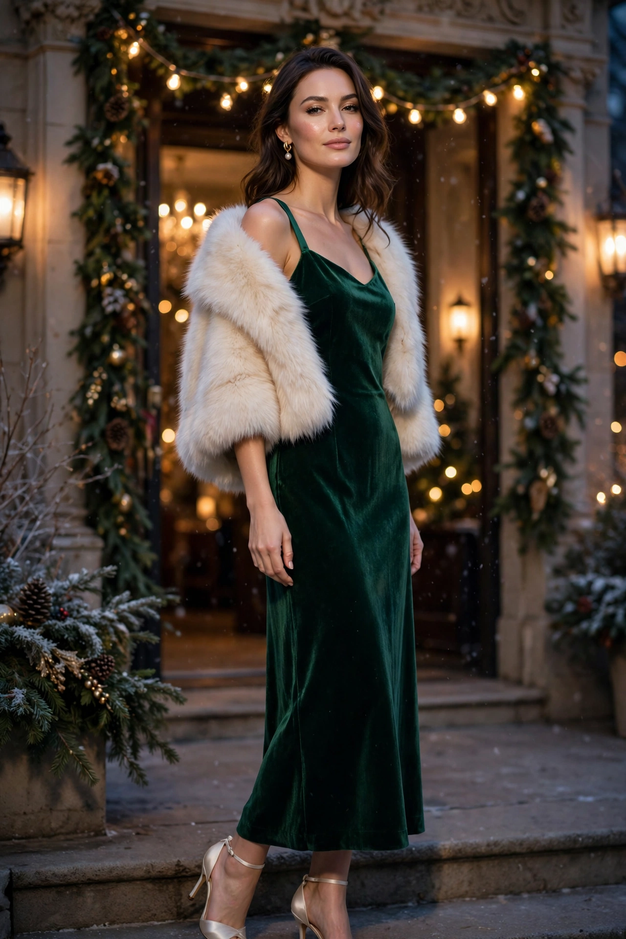 Winter evening outfit with velvet dress