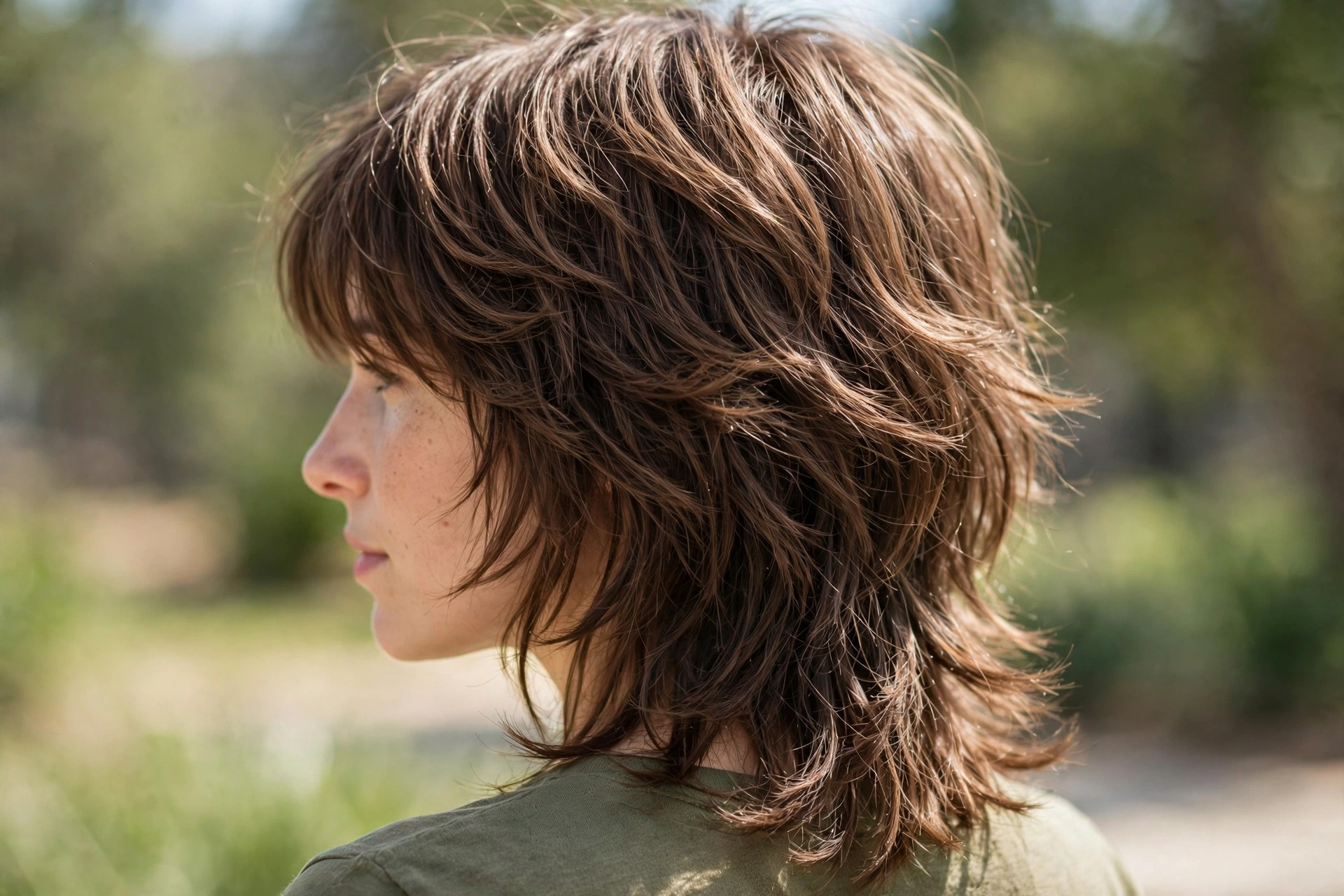 Classic wolf cut hairstyle idea with curtain bangs and shaggy layers on medium-length brown hair