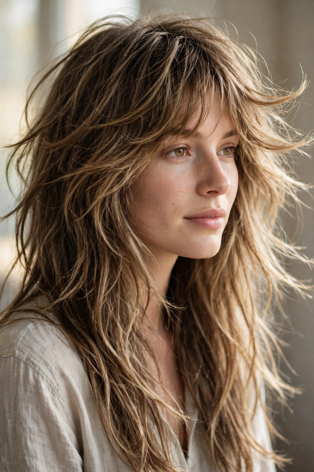 Soft shaggy wolf cut hairstyle idea with feathered layers and airy texture on long hair