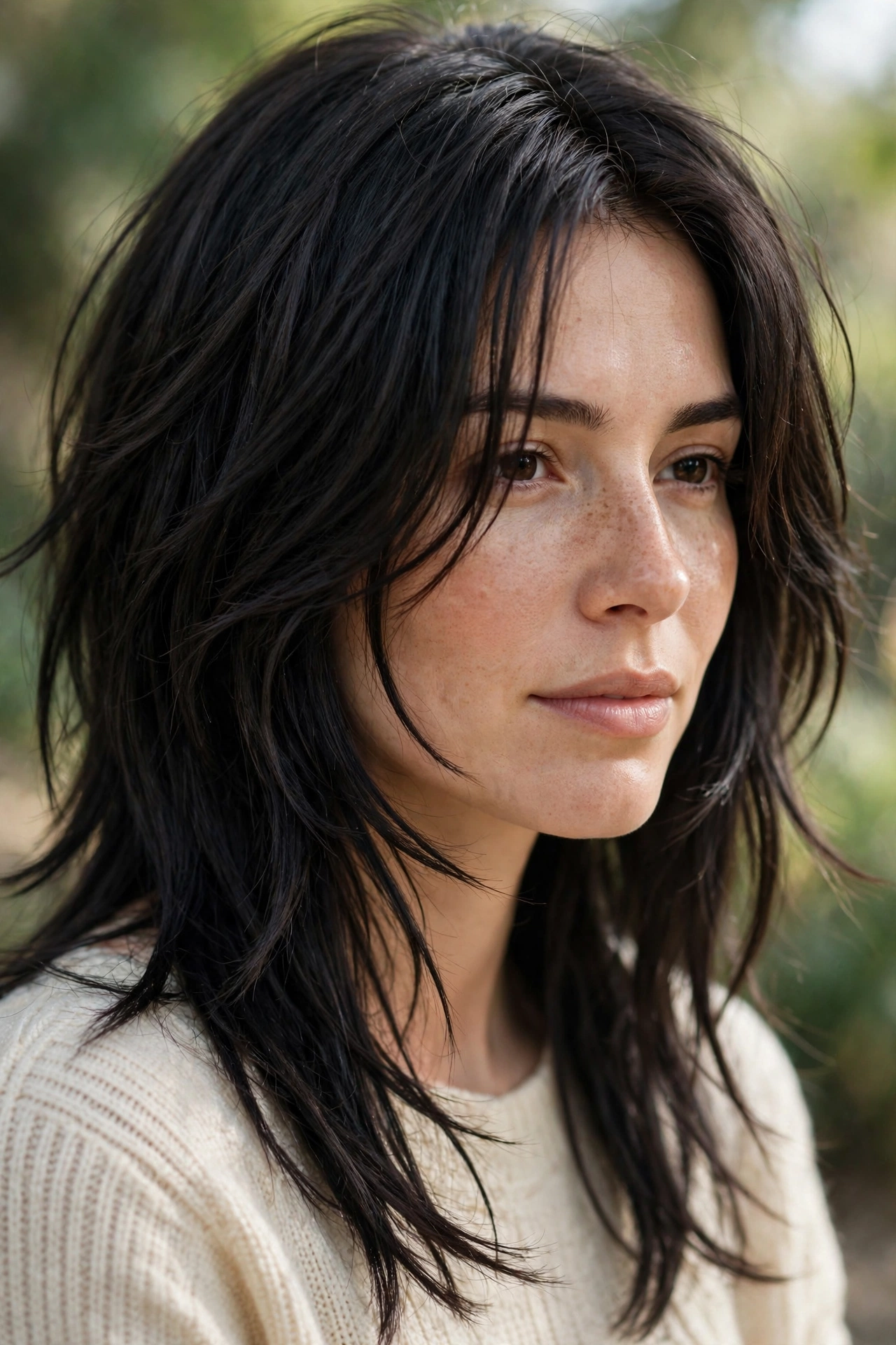 Long wolf cut hairstyle idea with face-framing layers and wispy ends on dark hair