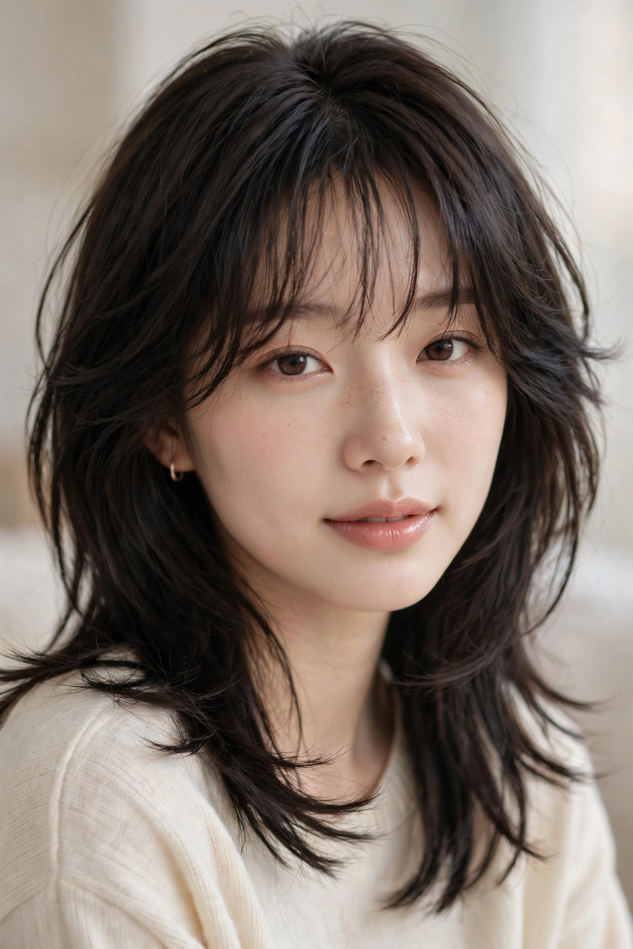 Korean-inspired soft wolf cut hairstyle idea with airy blended layers and wispy bangs