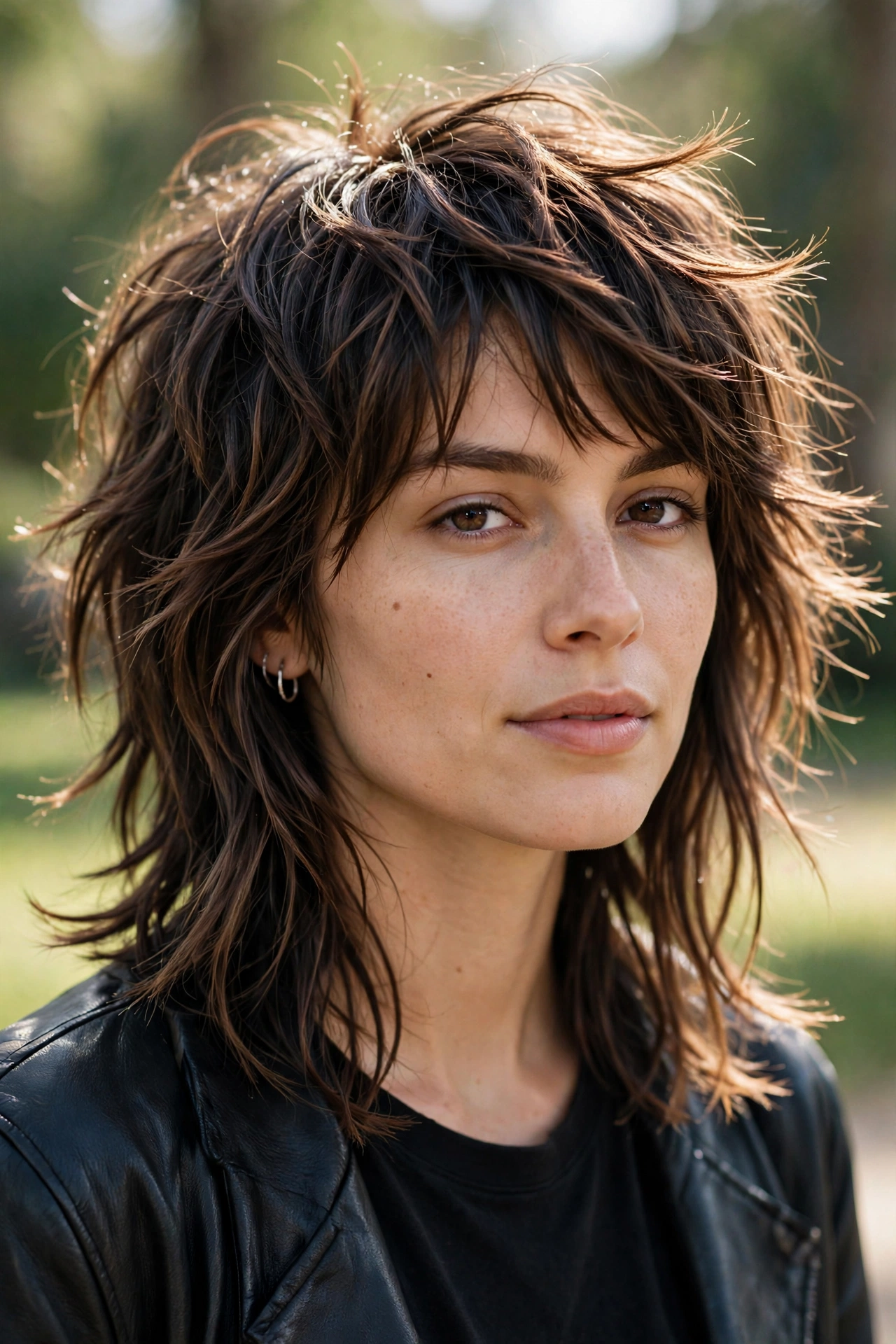 Choppy textured wolf cut hairstyle idea with piecey layers and tousled finish