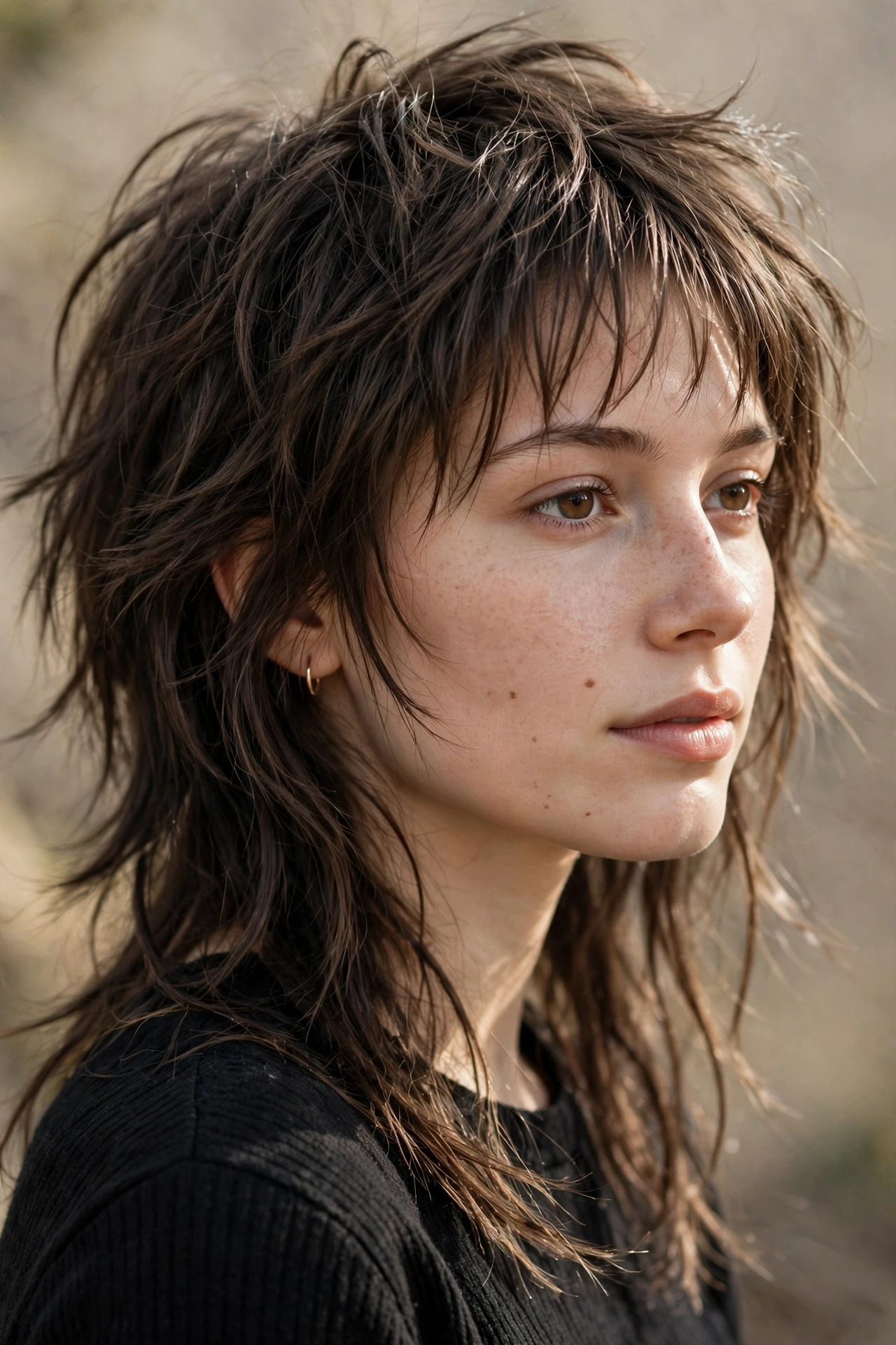 Wolf cut hairstyle idea with wispy baby bangs and layered shaggy texture