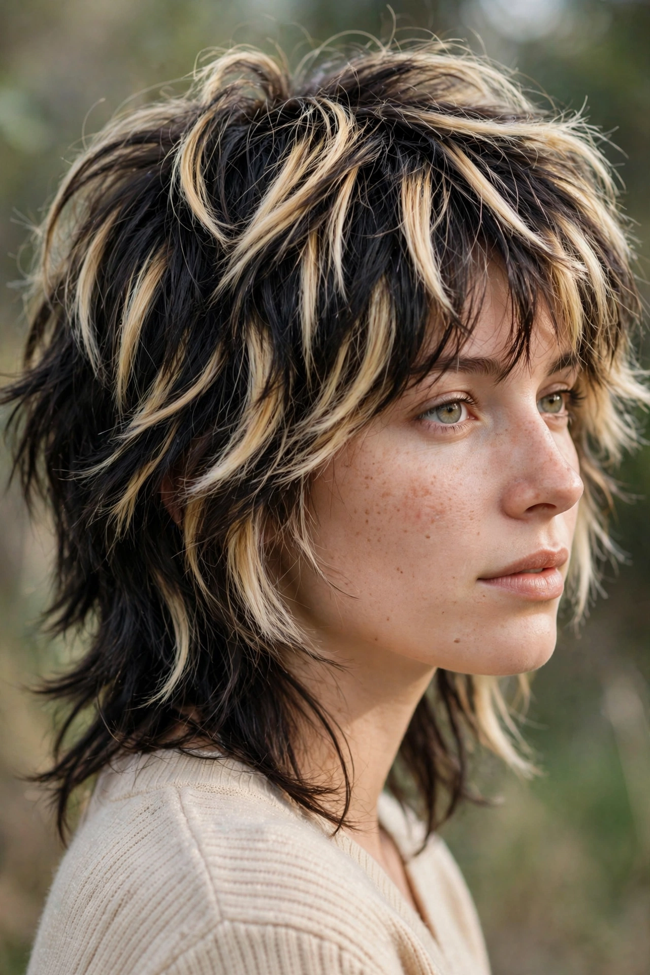 Wolf cut hairstyle idea with chunky blonde highlights over dark layered hair