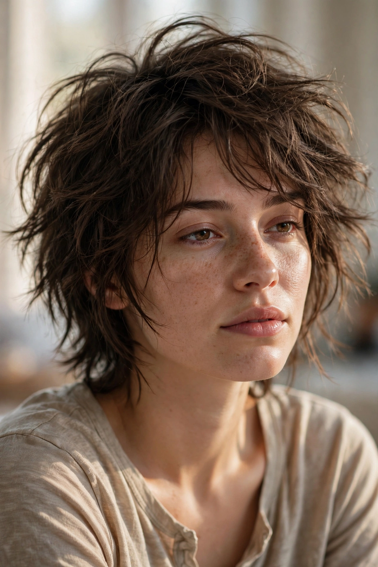Messy bedhead wolf cut hairstyle idea with undone tousled layers and effortless texture