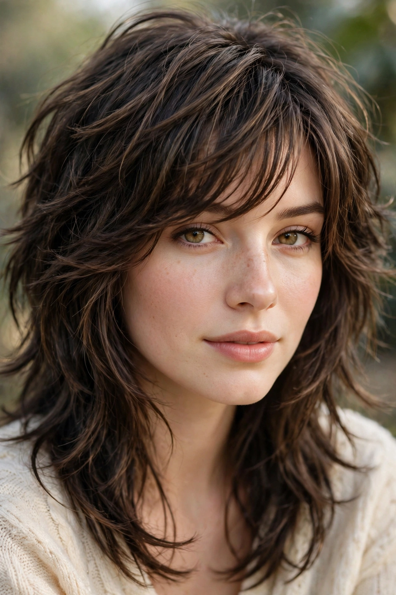 Wolf cut hairstyle idea with side-swept bangs and soft layered movement