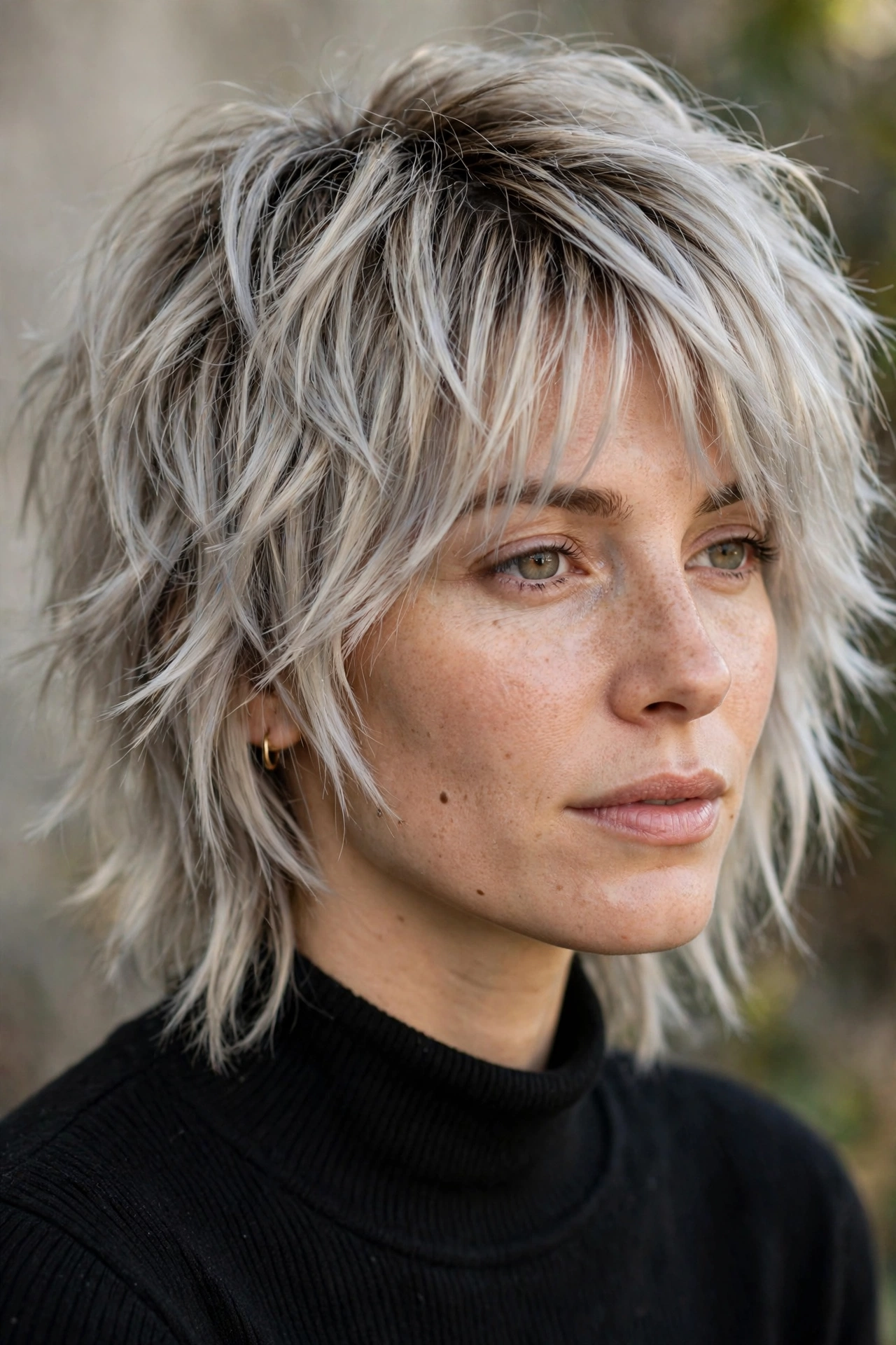 Ash blonde wolf cut hairstyle idea with cool-toned layered shaggy hair