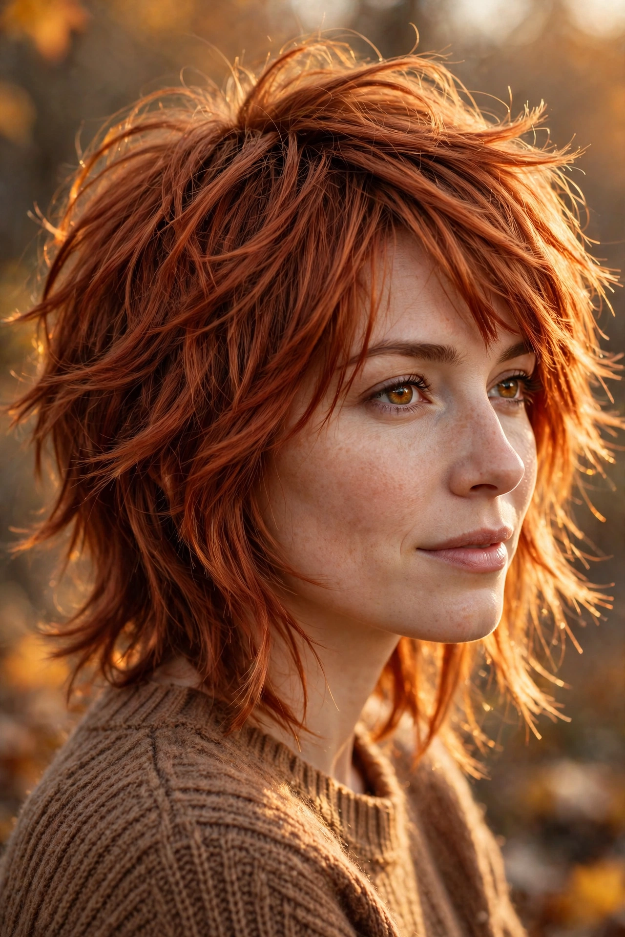 Copper wolf cut hairstyle idea with warm red layered shag and feathered ends