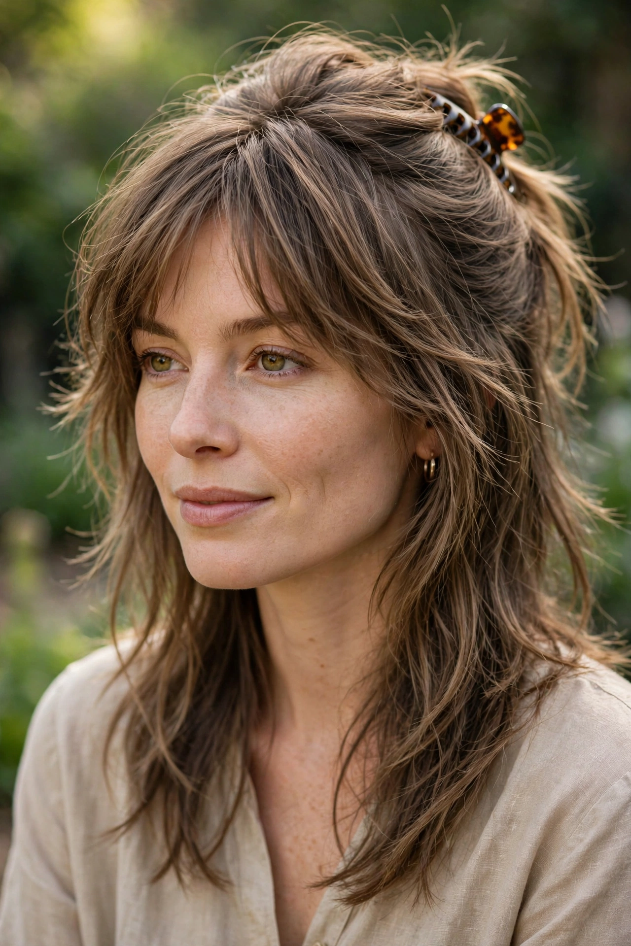 Half-up styled wolf cut hairstyle idea with pulled-back crown and loose layered lengths